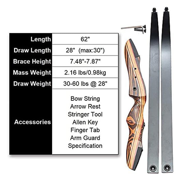 Dseeker Raptor 62" Takedown Recurve Bow Archery for Hunting Targeting Shooting 20-60lb