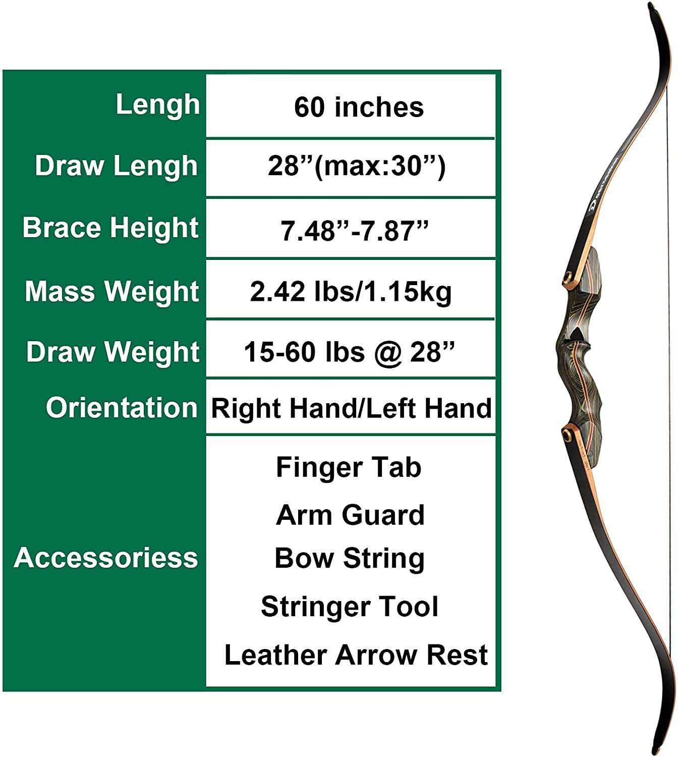 Dseeker Coyote Wooden Takedown Recurve Bow - 60 Inch AMO - Archery 30-60lb